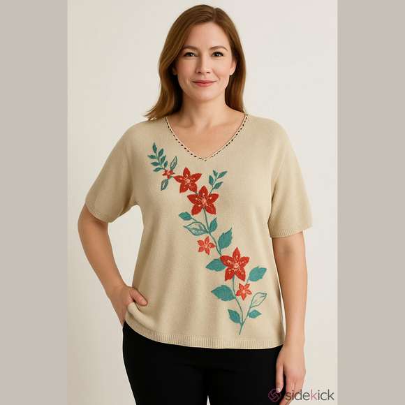 Alfred Dunner Tan Floral Beaded Sweater - Picture 1 of 4